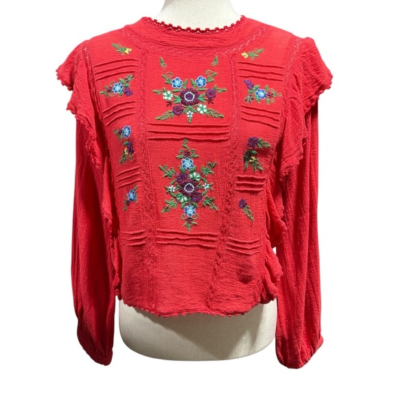 Free People Tops - Free People The Amy Red Floral Embroidered Top Long Sleeve Sz XS Boho Ruffles